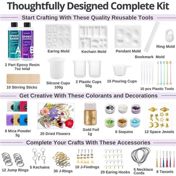 Epoxy Resin Kit for Beginners 208 pcs - Make Jewelry, Keychains, Bookmarks - Picture 5 of 7